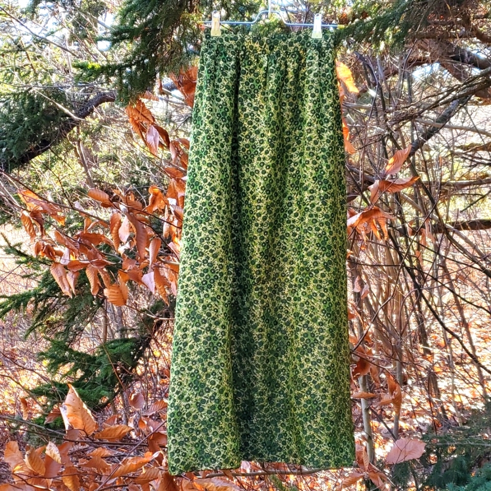 Vintage 70s Maxi Long Green Gold Black Disco Ditsy Floral Textured Skirt XS